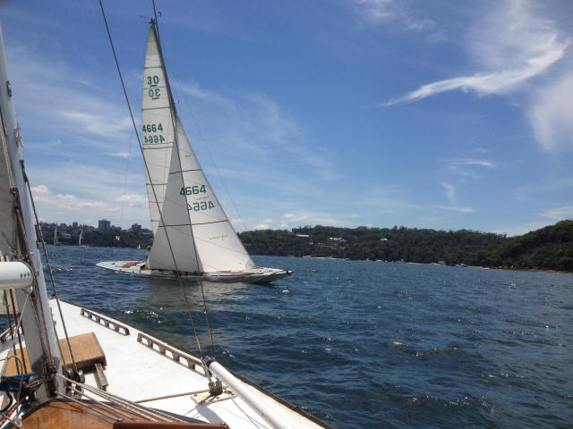 A classic Schärenkreuzer with white sails glides on a blue, slightly choppy body of water near a green, tree-covered shoreline under a sunny sky. Part of another boat is visible in the foreground.