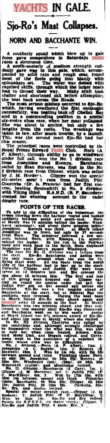 Newspaper cutting with the headline YACHTS IN GALE. Sjo-Ro’s Mast Collapses. NORN AND BACCHANTE WIN. The article details how Classic Sailing Yachts braved strong winds, with Sjo-Ro’s mast collapsing and the race results decided.