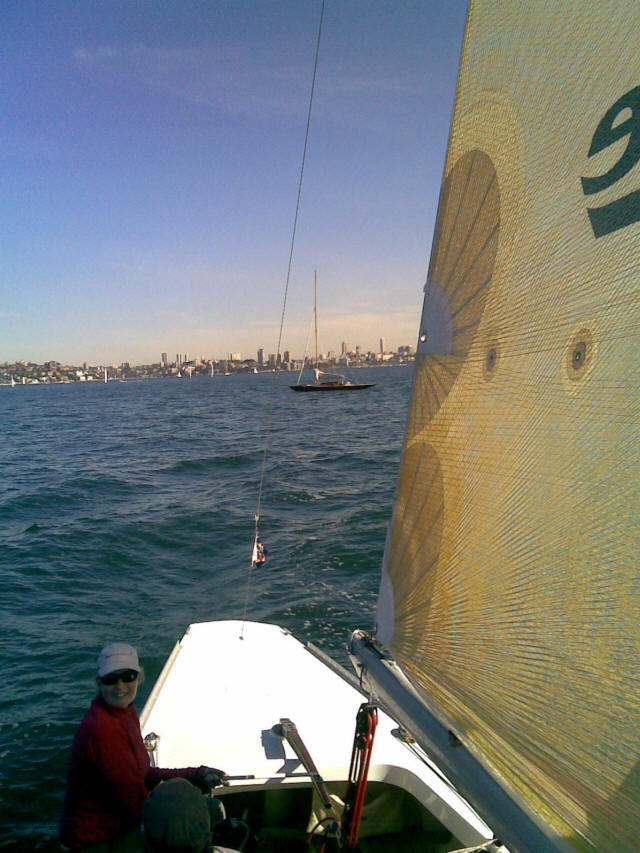 A person in a red shirt and cap is sailing on a Square Metre Yacht with yellow sails, gliding across blue water. Many boats and a city skyline are visible in the distance under a clear sky.