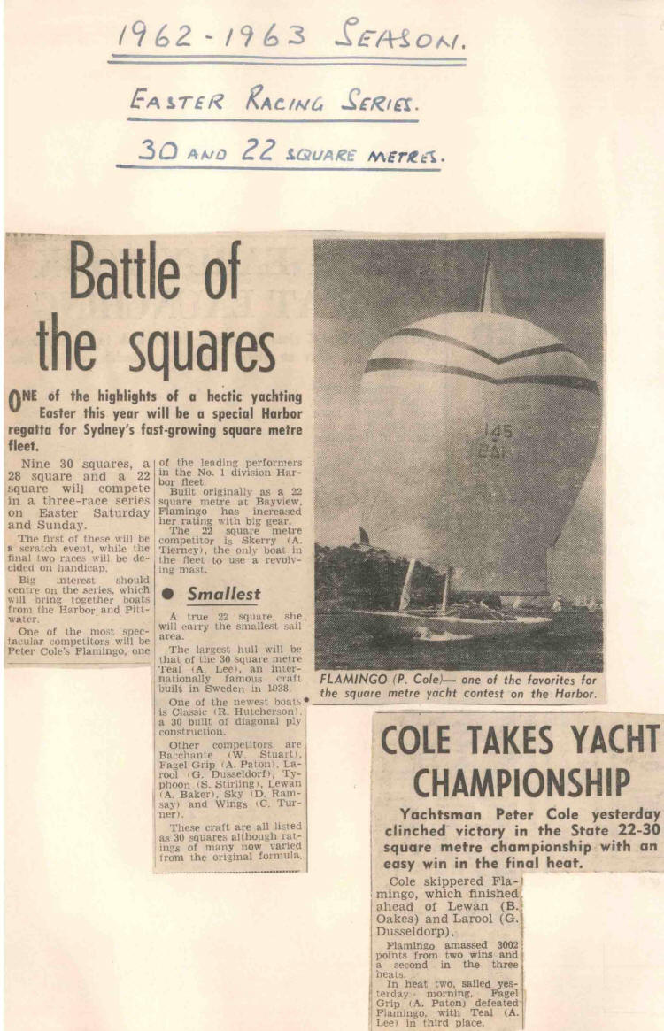 A newspaper cutting on the 1962-1963 Easter Racing Series for Classic Sailing Yachts, showcasing a photo of FLAMINGO and articles like Battle of the Squares and Cole Takes Yacht Championship for Square Metre Yachts.