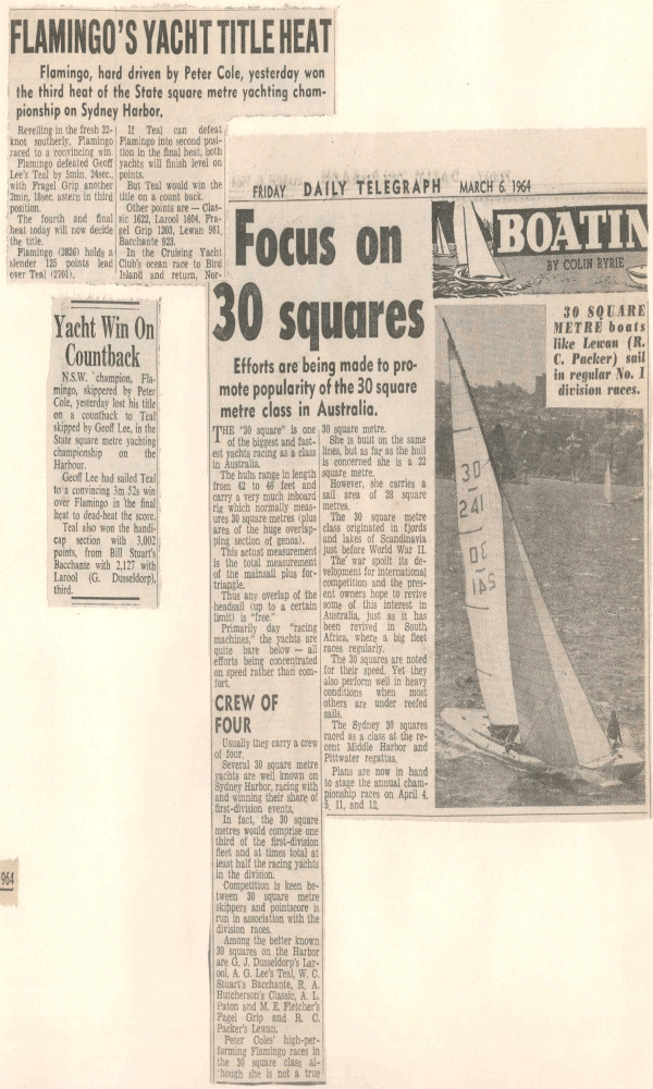 A newspaper cutting with headlines about yacht races, including “Focus on 30 squares,” featuring Square Metre Yachts, an image of a sailing boat on the water, and brief articles describing various yacht competition results in Australia.
