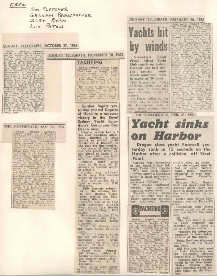 A collage of vintage newspaper cuttings about Classic Sailing Yachts racing incidents from 1963 and 1964, featuring headlines about yachts hit by wind and a yacht sinking in the harbour. Handwritten notes list four names at the top.