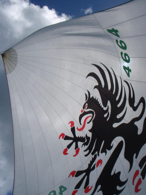 A close-up view of a sailboat’s sail featuring a large black griffin design with red accents—typical of Classic Sailing Yachts. The numbers 4664 appear in green, set against a cloudy sky in the background.