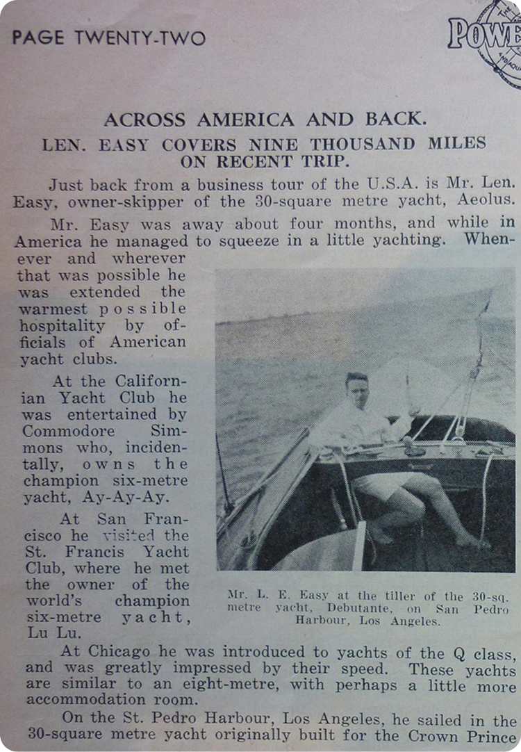 A black-and-white magazine page features a photo of Mr L. E. Easy, sitting on the tiller of his 30-ft Classic Sailing Yacht, Aeolus, with text describing his 9,000-mile voyage across America and back.