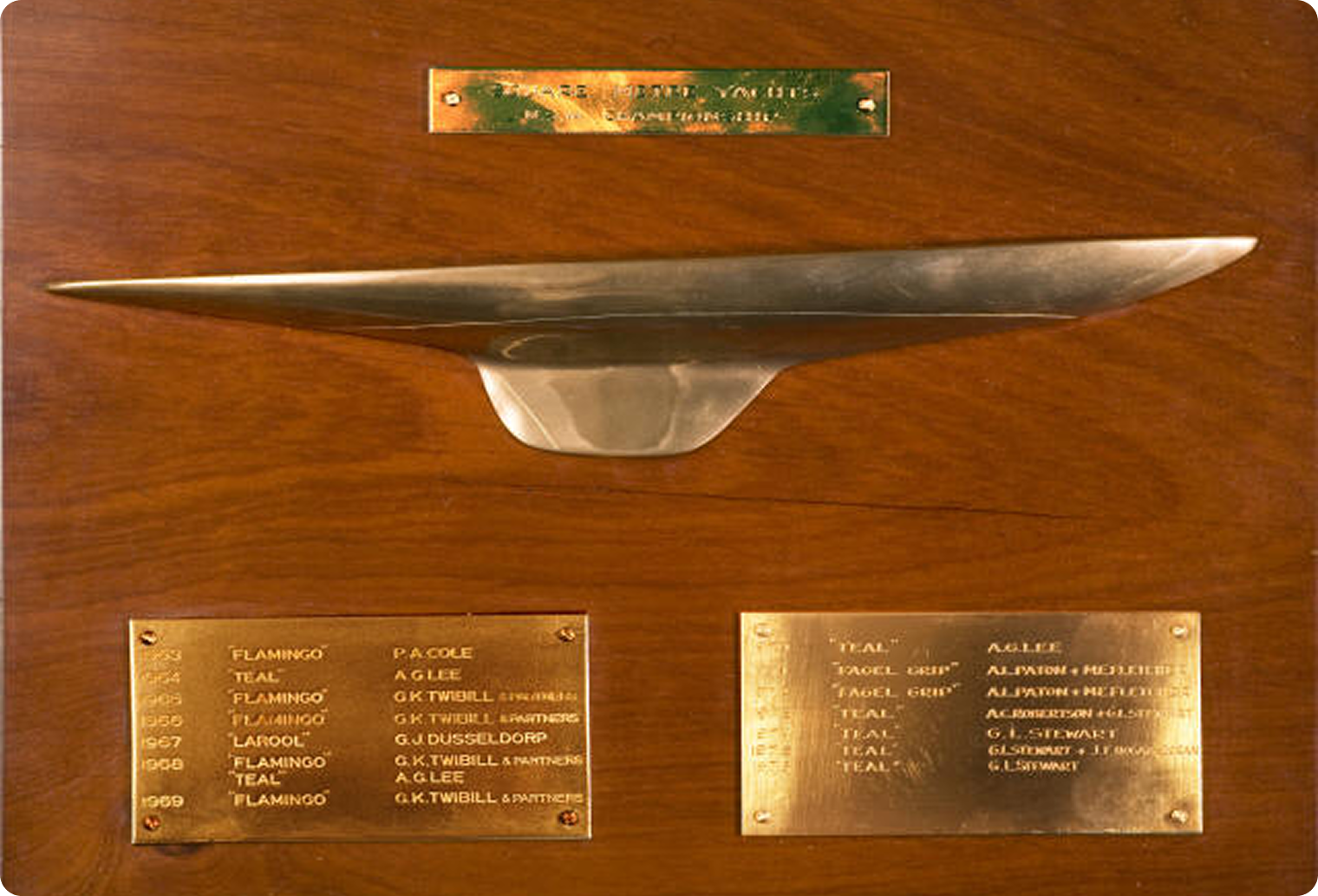 A wooden plaque with a metallic model boat hull mounted in the centre, featuring three engraved gold plates listing names, years, and titles associated with Skerry Cruisers and Square Metre Yachts sailing achievements.