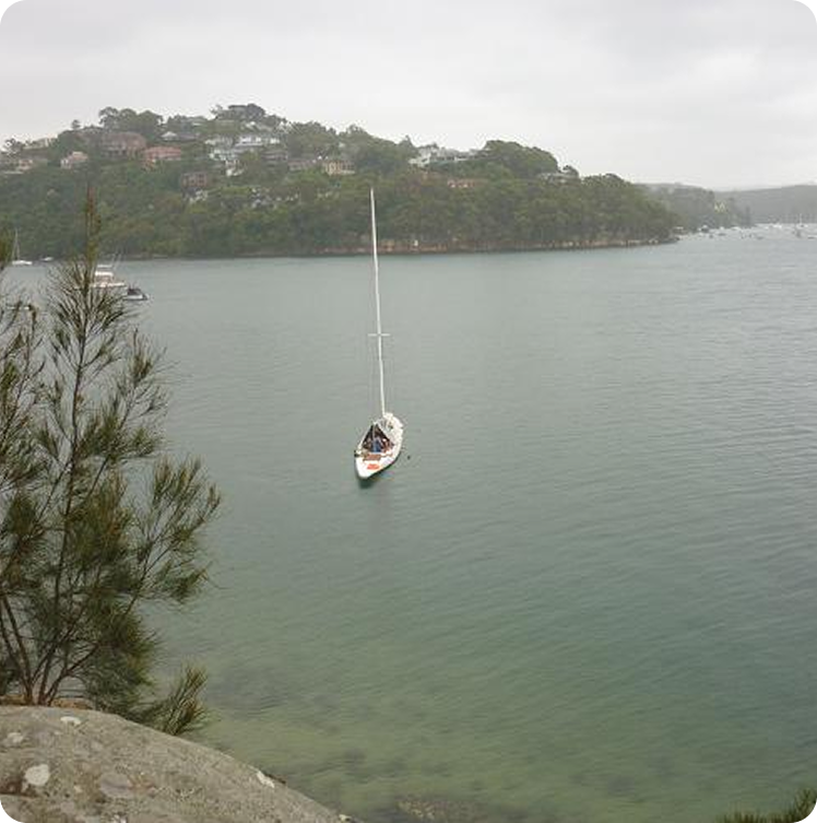 A white Square Metre Yacht floats on calm water near a forested shoreline under a cloudy sky, with trees and houses visible in the background.