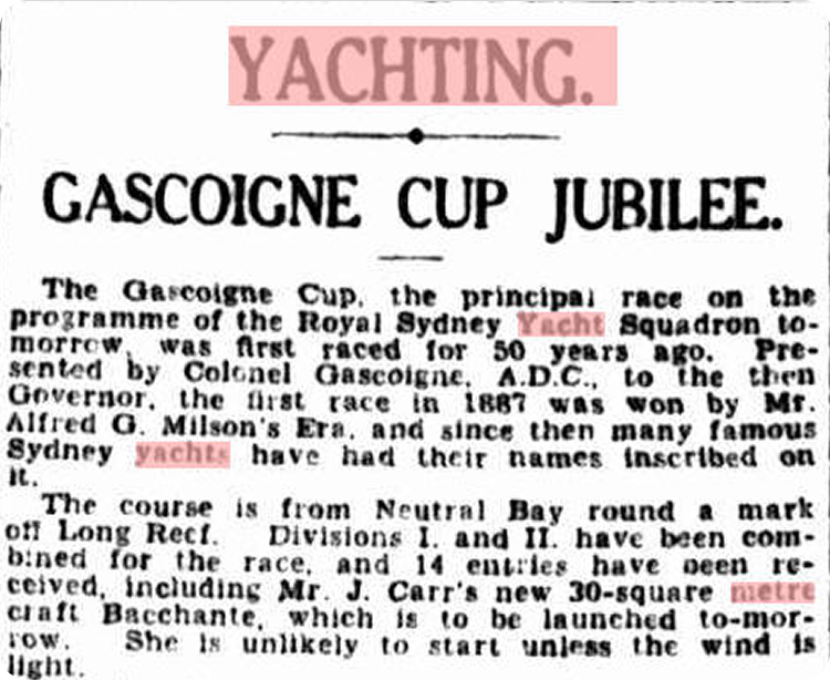 A vintage newspaper cutting with the bold headline GASCOIGNE CUP JUBILEE. The words YACHTING., Yacht, Skerry Cruisers, yachts, and motor are highlighted in pink throughout the black-and-white text.