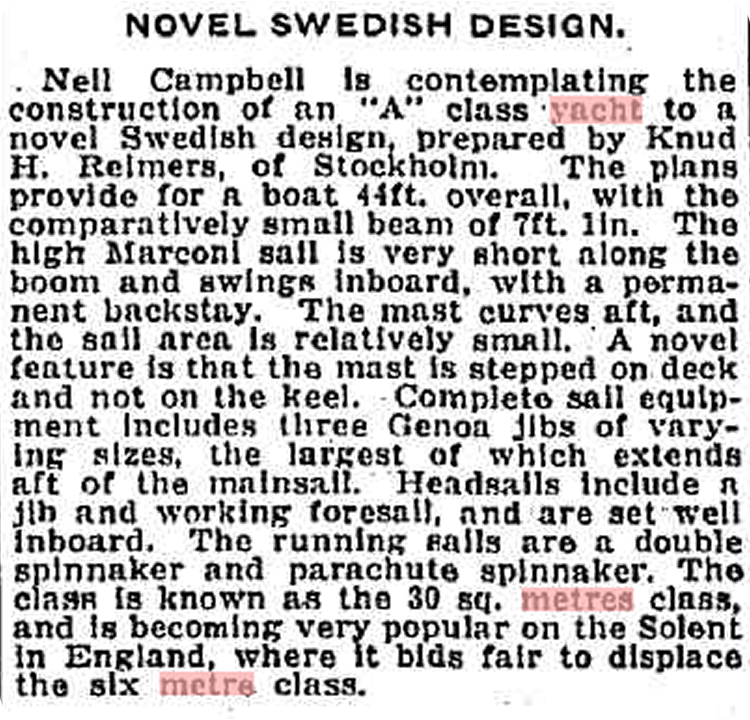 A newspaper cutting describes a new Swedish yacht design by H. Reimers, detailing its features, size, sails, and popularity among Square Metre Yachts in the competitive 30 square metres (metre) boat class.