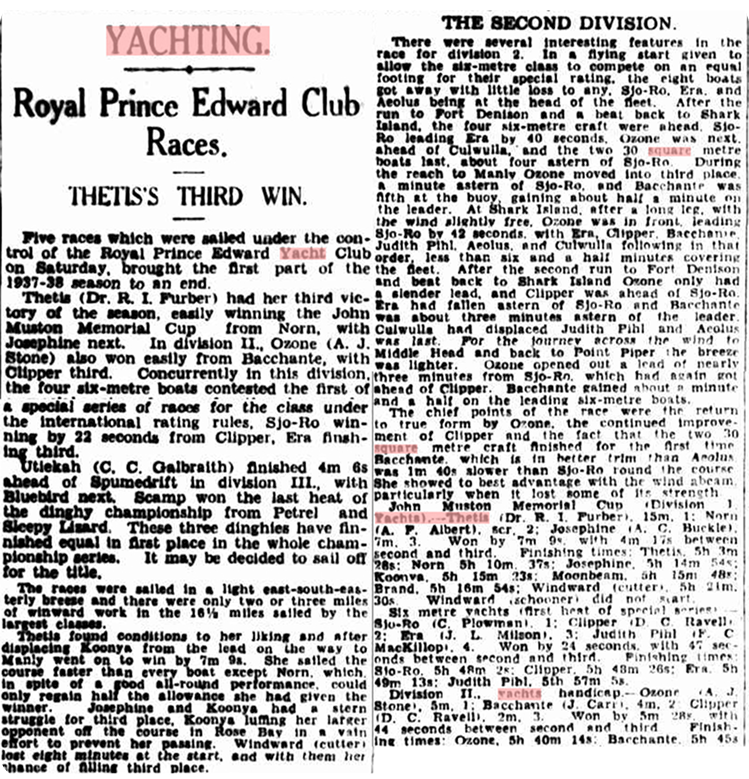 A black-and-white newspaper cutting reports on the Royal Prince Edward Club yacht races, detailing winners, race highlights, and results for two divisions of Classic Sailing Yachts, with Thesis securing its third win. Text is dense and closely spaced.
