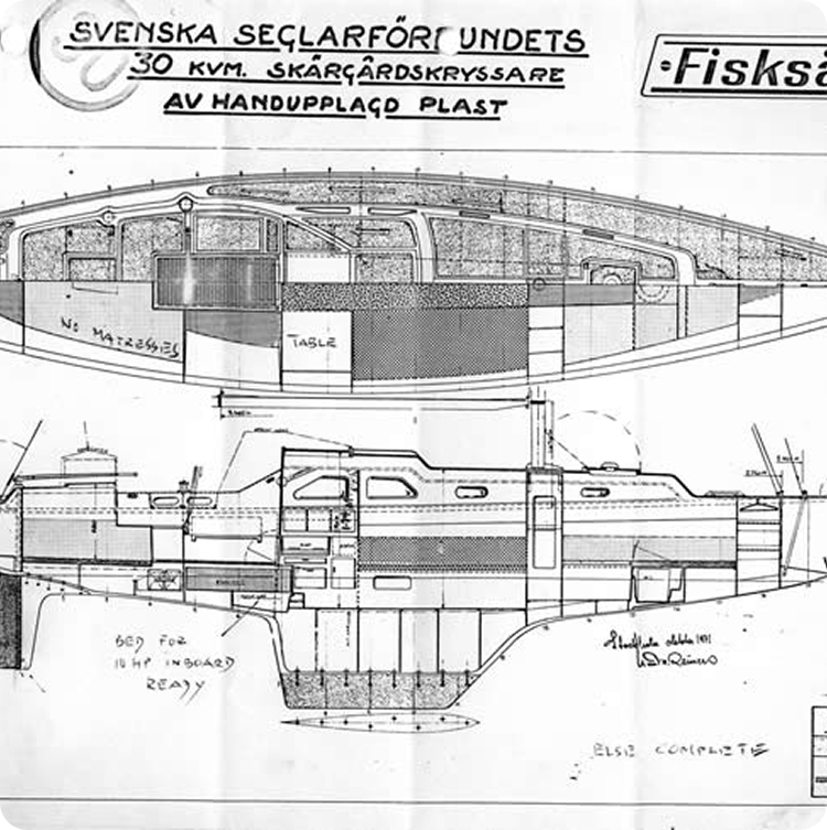 Black and white technical drawing of a sailboat, showing detailed plans of the boat’s side and overhead views, with measurements, Swedish text, and sectional labels typical of classic Skerry Cruisers throughout the plan.
