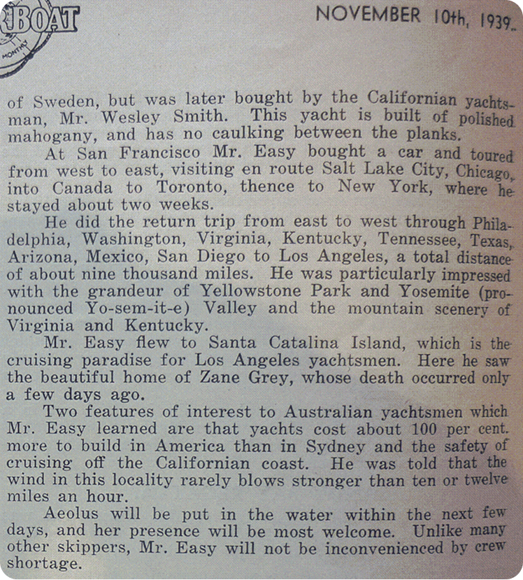 A vintage newspaper clipping from 10 November 1939 highlights Mr. Easy's yacht travels across the US, featuring classic sailing yachts and noting various cities, sightseeing spots, and the ease of yacht handling throughout his journey.