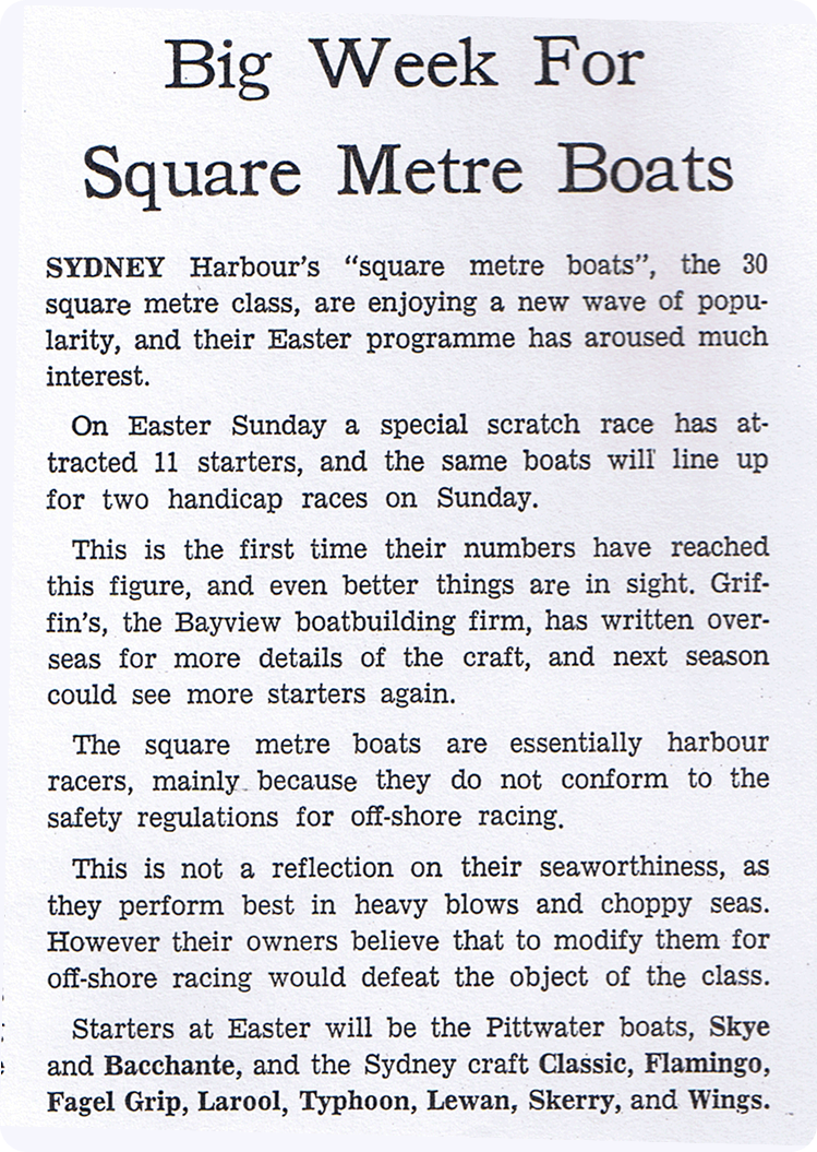 A newspaper cutting titled Big Week For Square Metre Yachts discusses a rise in popularity of Sydney Harbour's 30 square metre boats and details the upcoming Easter boat races, including participating teams and Classic Sailing Yachts' names.