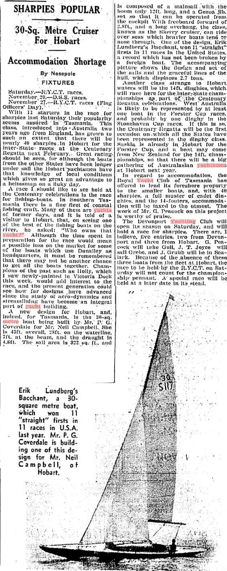 A black-and-white newspaper cutting with an article about 30-square-metre cruiser racing in Hobart, featuring a large photo of a Classic Sailing Yacht labelled S 517 with full sails on the water—one of the renowned Square Metre Yachts.