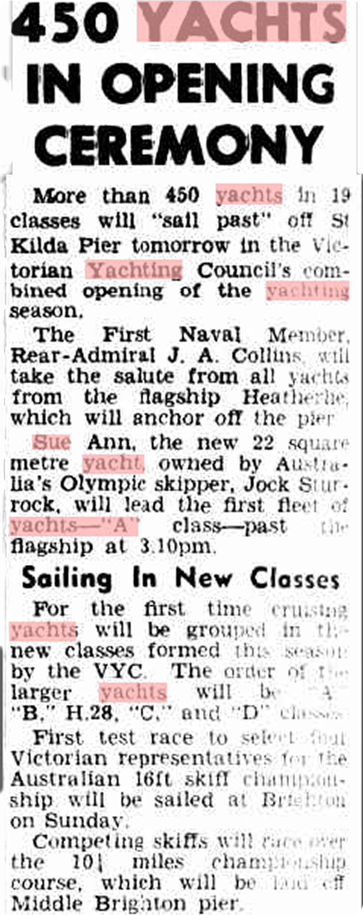 A newspaper cutting announces over 450 yachts, including Square Metre Yachts and Skerry Cruisers, will participate in an opening ceremony at St Kilda Pier, featuring a sail-past led by the flagship Reva and noted skippers, plus new sailing classes.