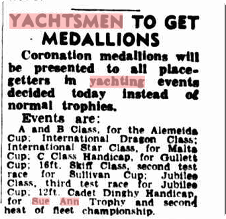 A newspaper cutting announces that coronation medallions will be awarded to all placed competitors in yachting events, listing various race classes like Skerry Cruisers and Classic Sailing Yachts, with some words highlighted in pink.