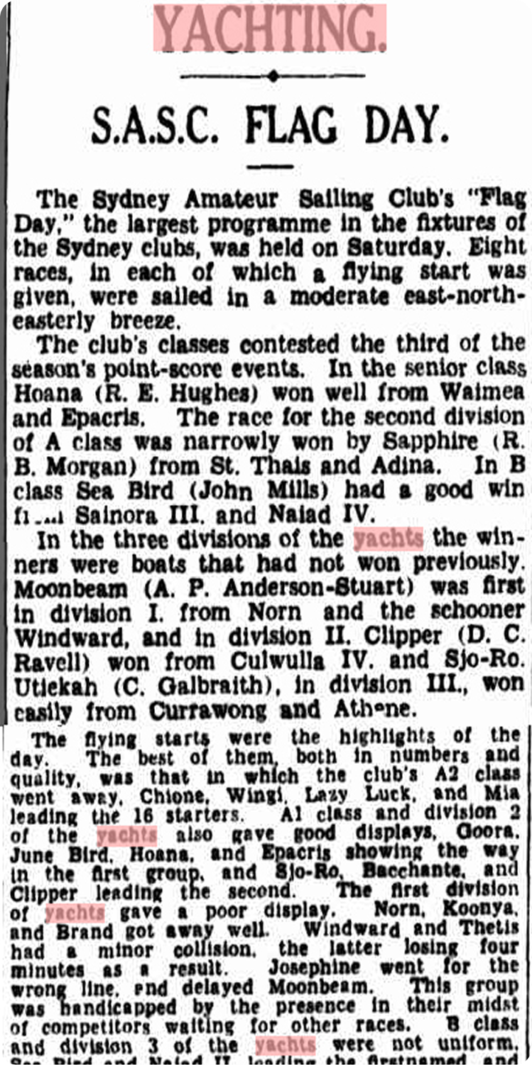 A newspaper cutting about the Sydney Amateur Sailing Clubs Flag Day, featuring Classic Sailing Yachts, describes race results, participating boats and skippers, weather conditions, and an event summary under a YACHTING heading.
