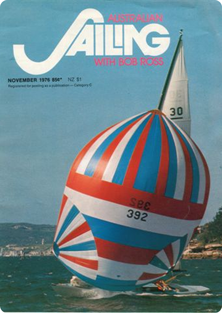 A vintage magazine cover titled Australian Sailing with Bob Ross features a Skerry Cruiser sailboat with a colourful red, white, and blue spinnaker on the water. The issue is dated November 1976.
