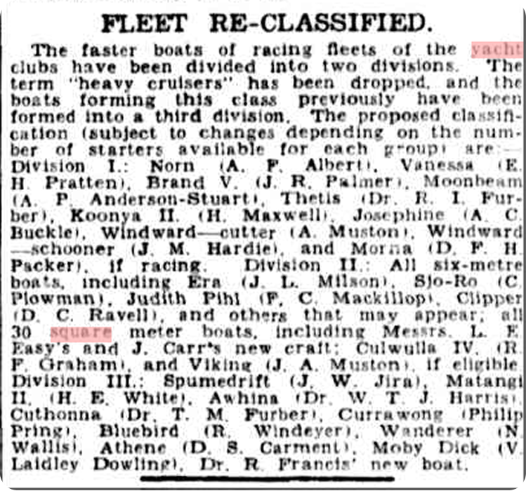 A newspaper cutting titled FLEET RE-CLASSIFIED listing boats and owners, including notable Square Metre Yachts, divided into racing divisions, with some text underlined in red and the word “yacht” highlighted in red at the top right corner.