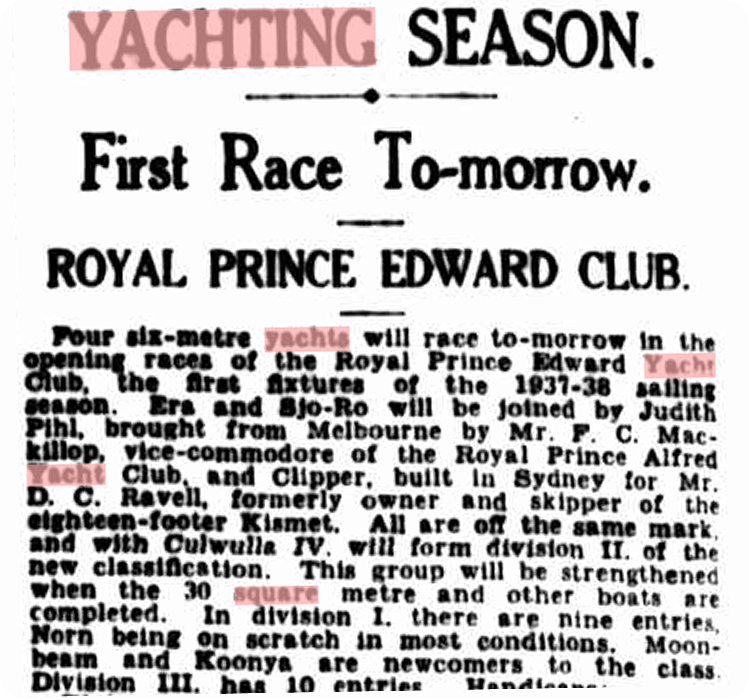 A black-and-white newspaper cutting announces the first yacht race of the season at the Royal Prince Edward Club, listing participating Square Metre Yachts and event details. Some words are highlighted in red.