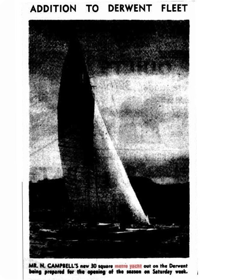 A black-and-white newspaper cutting shows a large Classic Sailing Yacht with its sails catching the wind on the water, under a cloudy sky. The headline reads ADDITION TO DERWENT FLEET.