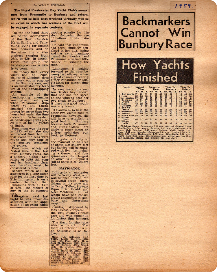 A yellowed newspaper page from 1959 features an article titled Backmarkers Cannot Win Bunbury Race and a results table showing how Square Metre Yachts finished in a Fremantle to Bunbury yacht club event.