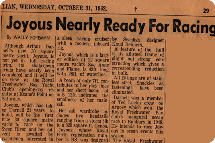 A vintage newspaper cutting from 31 October 1962, headlines Joyous Nearly Ready For Racing, detailing the near completion of a new Square Metre Yacht named Joyous and its anticipated debut at an upcoming club event.