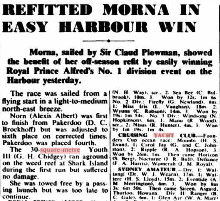 Newspaper cutting with the headline REFITTED MORNA IN EASY HARBOUR WIN describing Morna’s victory in a sailing race, including weather, competitors such as the Square Metre Yachts, and final placings.