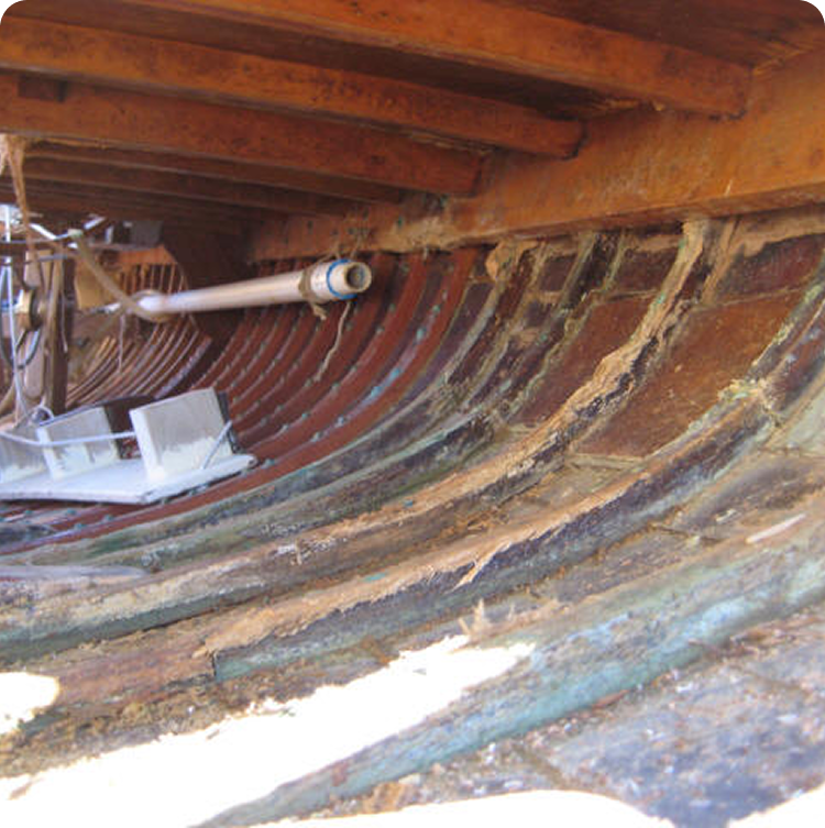 Inside view of a wooden Schärenkreuzer hull showing ribs, planks, and signs of weathering. Exposed timber and some tools or equipment are visible inside this classic sailing yacht structure.