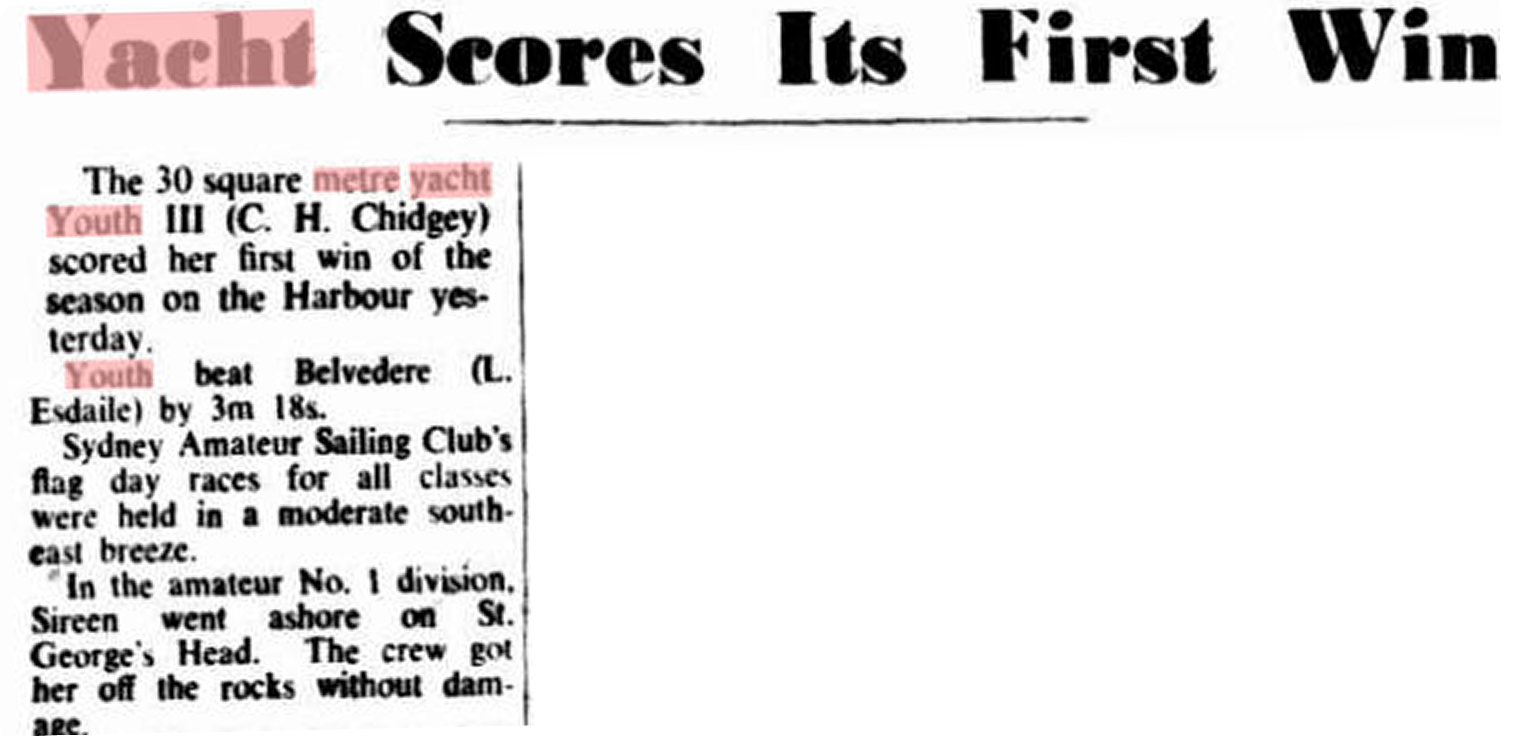 Newspaper cutting with the headline Yacht Scores Its First Win. The article reports on a Schärenkreuzer named Youth III winning its first race, with details about the Square Metre Yachts race and the crew.