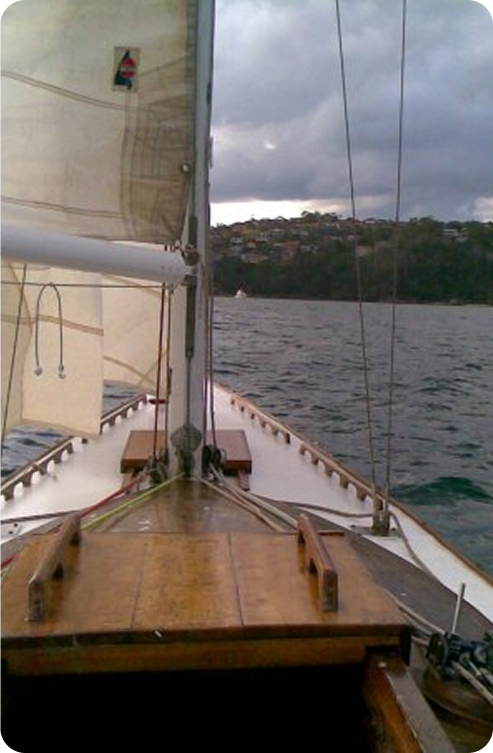View from a sailboat’s deck looking forward towards the bow, with raised white sails and water ahead. In the distance, a shoreline with houses sits beneath a cloudy sky—classic scenery for Skerry Cruisers or Square Metre Yachts.
