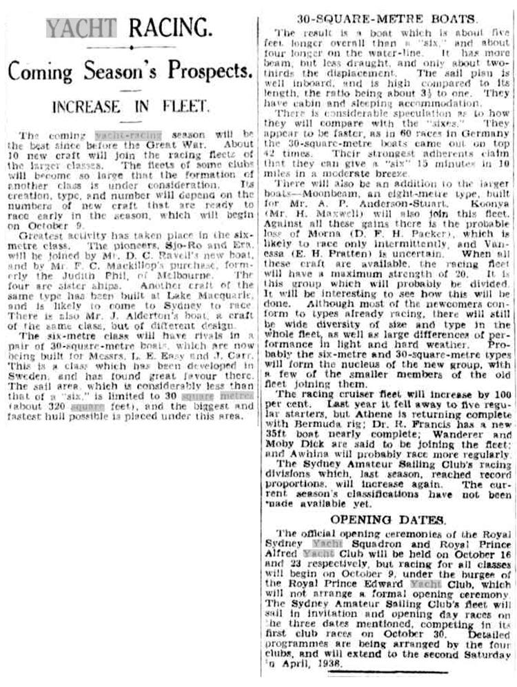 A vintage newspaper cutting discusses the forthcoming yacht racing season, expected increases in fleet size, and details about 30-square-metre Square Metre Yachts. The text appears in a black serif font on an off-white background.