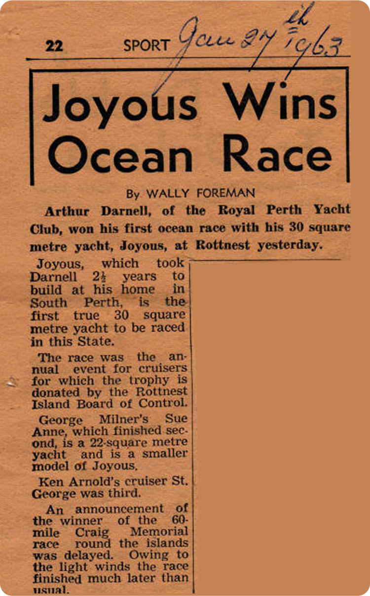 A newspaper cutting dated 27 January 1963, with the headline Joyous Wins Ocean Race. The article describes Arthur Darnell’s victory in a Square Metre Yachts race at Rottnest with his yacht, Joyous.