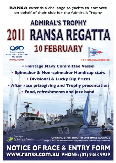 Poster for the 2011 Admirals Trophy RANSA Regatta on 20 February, featuring event details, sponsor logos, a photo of Skerry Cruisers at the marina, and text about races, prizes, food, and entertainment.