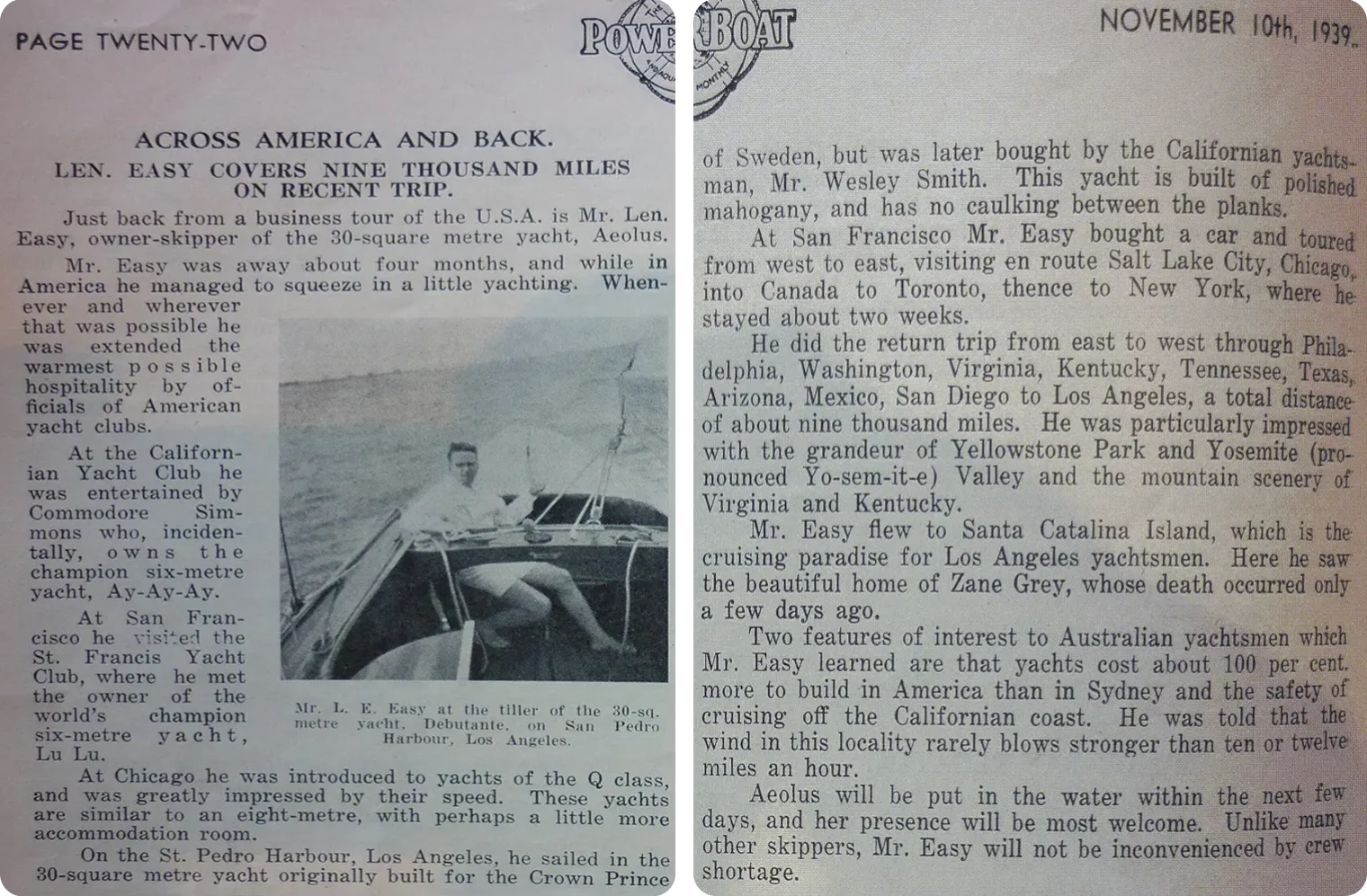 A black-and-white magazine spread features a photo of Len E. Easy at the helm of his yacht—a classic Square Metre Yacht—and columns of printed text describing his 9,000-mile trip across America and back.