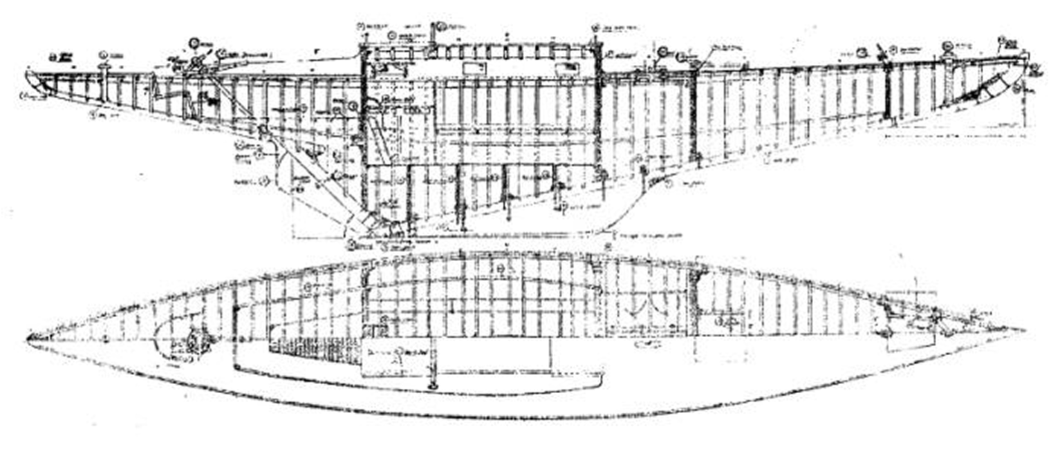 Black and white technical drawing of a Square Metre Yacht (Schärenkreuzer), showing detailed side and top views with measurements, labelled sections, and structural lines indicating the yacht’s hull, deck, and interior layout.
